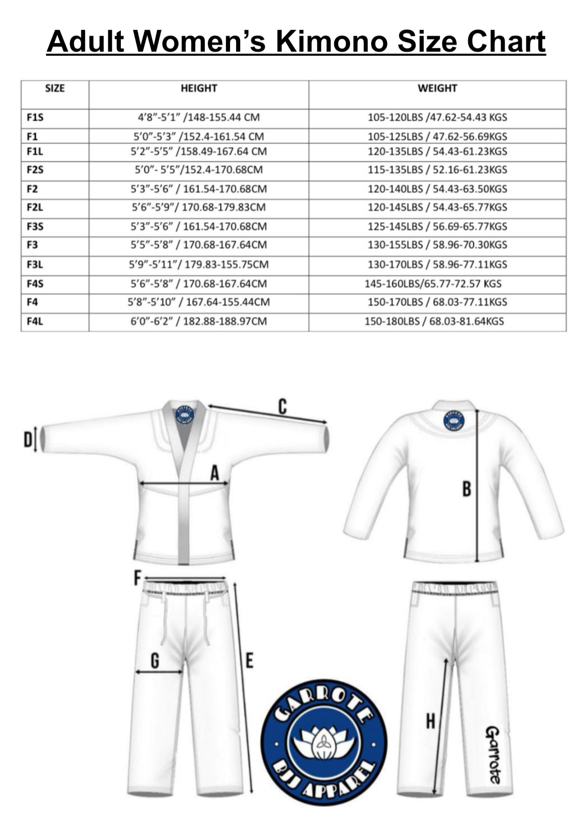 Garrote BJJ Apparel Female Cut Lightweight 350GSM Kimono Various Colours