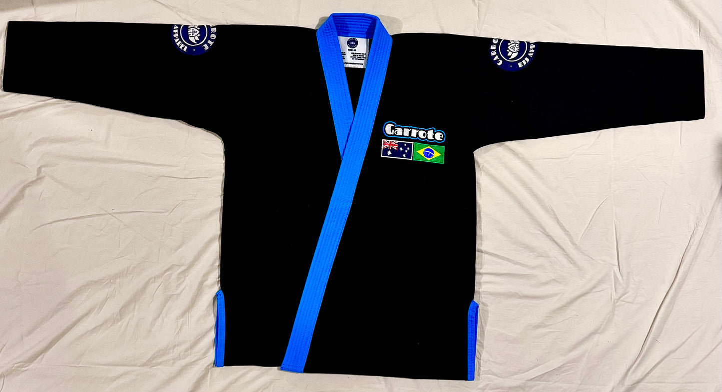 Garrote BJJ Apparel lightweight 350GSM Kimono Jet Black / Bright Baby Blue Lapels, Trims