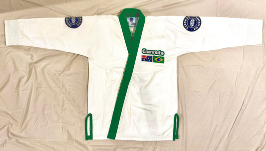 Garrote BJJ Apparel Lightweight Kimono 350GSM 100% Premium Cotton Pearl Weave Men’s Kimono In White & Jade Green Lapels / Trims